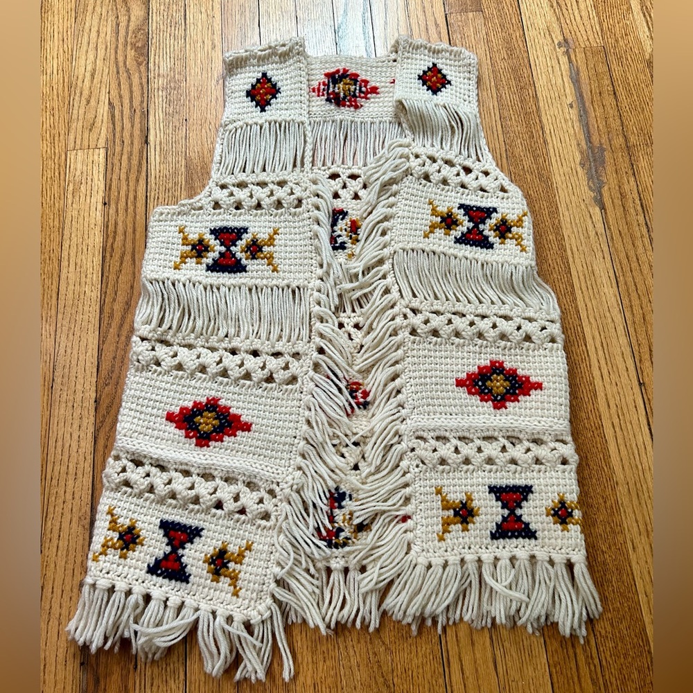 Vintage fringe sweater vest ivory with red, blue, and gold embroidery